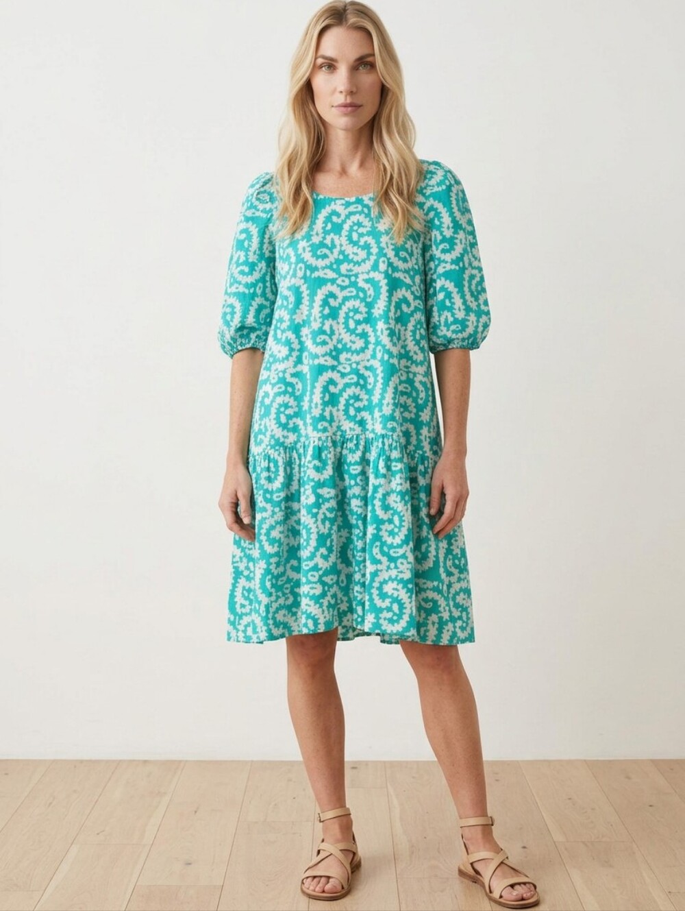 Matta Kenia Nandini Teal Puff-Sleeve Dress with Pockets Size M Women's